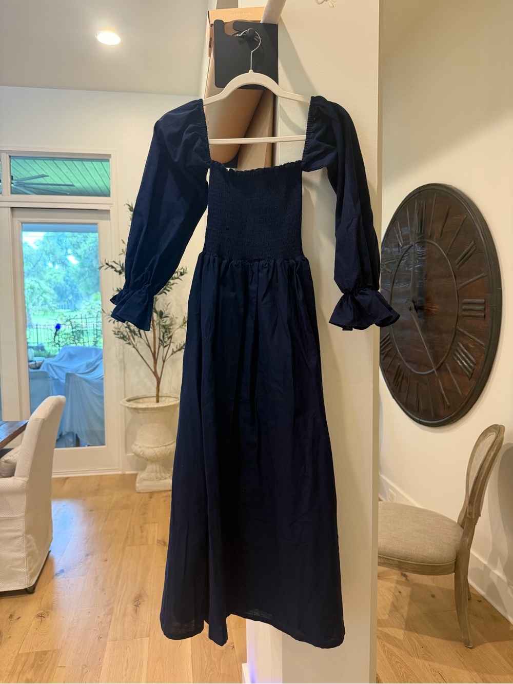 Petal & Pup Navy Smocked Midi Dress with Puff Sleeves